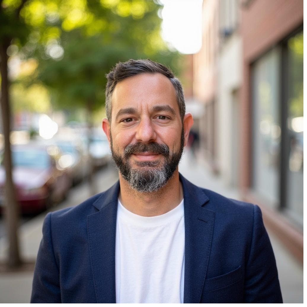 Zev Steinmetz, William Raveis real estate agent, bearded, in a navy blazer on a tree-lined street